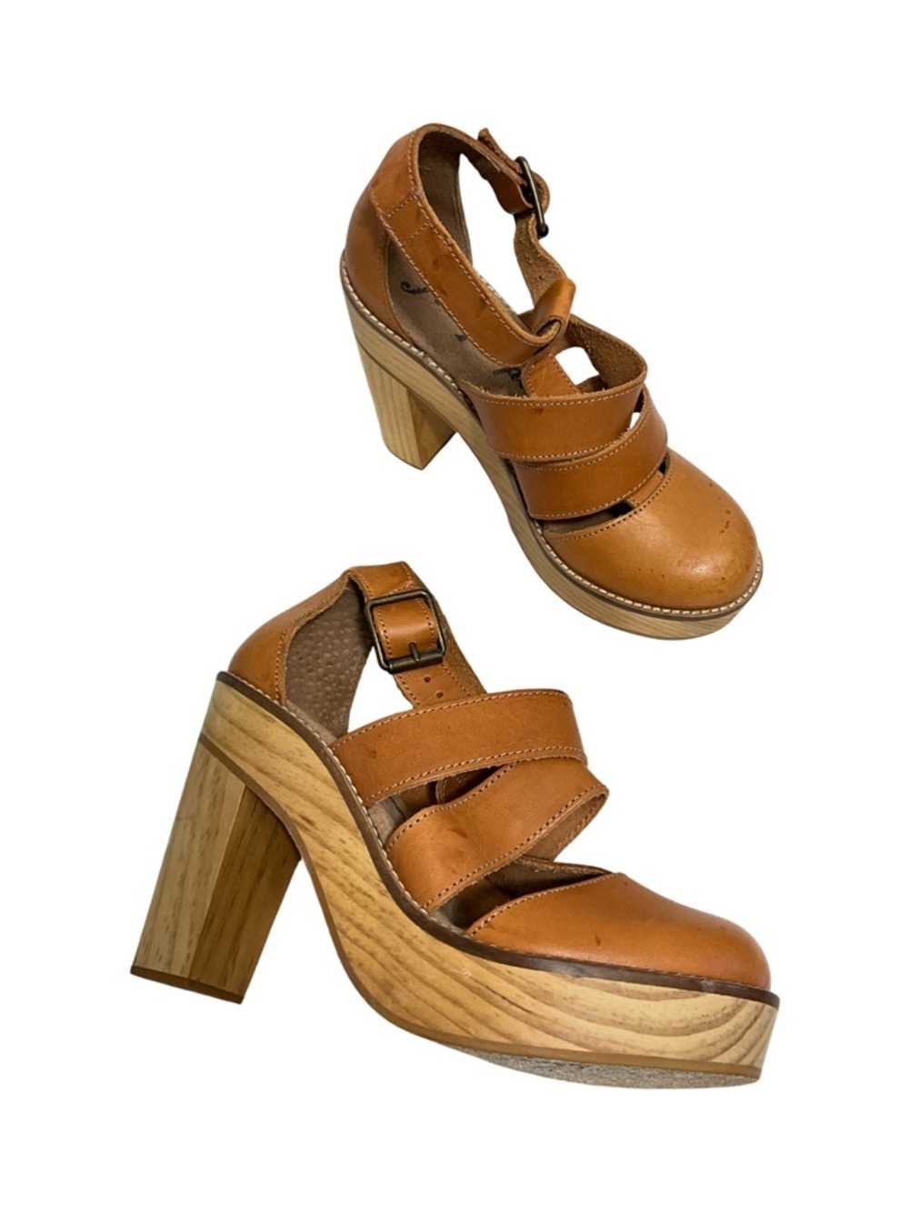 Free People Mix It Up Platform Sandals Cognac Leather Wood Heel Size 7.5